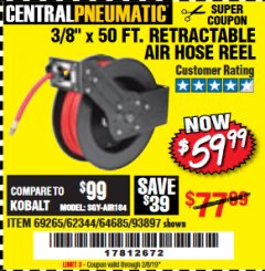 Harbor Freight Coupon RETRACTABLE AIR HOSE REEL WITH 3/8" x 50 FT. HOSE Lot No. 93897/69265/62344 Expired: 2/8/19 - $59.99