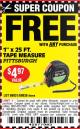 Harbor Freight FREE Coupon 1" X 25 FT. TAPE MEASURE Lot No. 69080/69030/69031 Expired: 8/1/16 - FWP