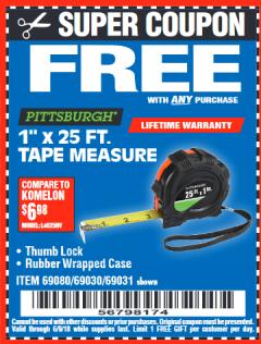 Harbor Freight FREE Coupon 1" X 25 FT. TAPE MEASURE Lot No. 69080/69030/69031 Expired: 6/9/18 - FWP