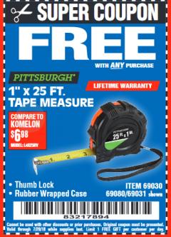 Harbor Freight FREE Coupon 1" X 25 FT. TAPE MEASURE Lot No. 69080/69030/69031 Expired: 7/20/18 - FWP
