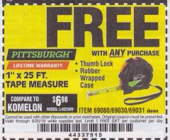 Harbor Freight FREE Coupon 1" X 25 FT. TAPE MEASURE Lot No. 69080/69030/69031 Expired: 6/25/18 - FWP