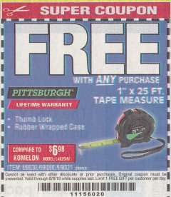Harbor Freight FREE Coupon 1" X 25 FT. TAPE MEASURE Lot No. 69080/69030/69031 Expired: 8/8/18 - FWP