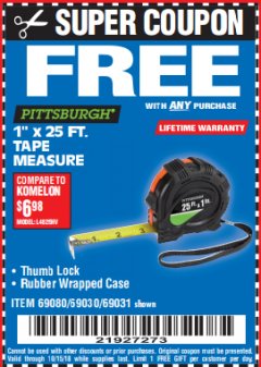 Harbor Freight FREE Coupon 1" X 25 FT. TAPE MEASURE Lot No. 69080/69030/69031 Expired: 10/15/18 - FWP