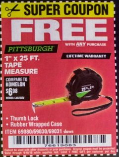 Harbor Freight FREE Coupon 1" X 25 FT. TAPE MEASURE Lot No. 69080/69030/69031 Expired: 9/18/18 - FWP