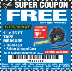 Harbor Freight FREE Coupon 1" X 25 FT. TAPE MEASURE Lot No. 69080/69030/69031 Expired: 10/1/18 - FWP