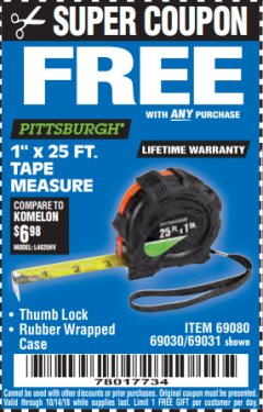 Harbor Freight FREE Coupon 1" X 25 FT. TAPE MEASURE Lot No. 69080/69030/69031 Expired: 10/14/18 - FWP