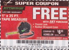 Harbor Freight FREE Coupon 1" X 25 FT. TAPE MEASURE Lot No. 69080/69030/69031 Expired: 10/24/18 - FWP