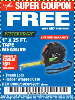Harbor Freight FREE Coupon 1" X 25 FT. TAPE MEASURE Lot No. 69080/69030/69031 Expired: 11/17/18 - FWP