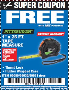 Harbor Freight FREE Coupon 1" X 25 FT. TAPE MEASURE Lot No. 69080/69030/69031 Expired: 10/26/18 - FWP