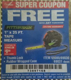 Harbor Freight FREE Coupon 1" X 25 FT. TAPE MEASURE Lot No. 69080/69030/69031 Expired: 12/14/18 - FWP