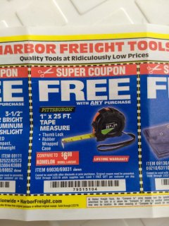 Harbor Freight FREE Coupon 1" X 25 FT. TAPE MEASURE Lot No. 69080/69030/69031 Expired: 2/22/19 - FWP