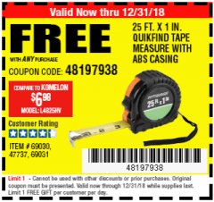 Harbor Freight FREE Coupon 1" X 25 FT. TAPE MEASURE Lot No. 69080/69030/69031 Expired: 12/31/18 - FWP