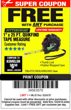 Harbor Freight FREE Coupon 1" X 25 FT. TAPE MEASURE Lot No. 69080/69030/69031 Expired: 12/24/18 - FWP