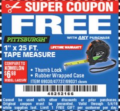 Harbor Freight FREE Coupon 1" X 25 FT. TAPE MEASURE Lot No. 69080/69030/69031 Expired: 5/4/19 - FWP