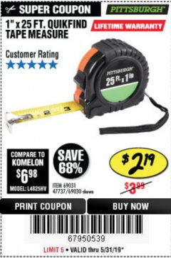 Harbor Freight Coupon 1" X 25 FT. TAPE MEASURE Lot No. 69080/69030/69031 Expired: 5/31/19 - $2.19