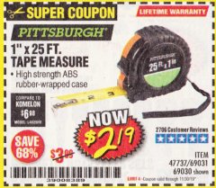 Harbor Freight Coupon 1" X 25 FT. TAPE MEASURE Lot No. 69080/69030/69031 Expired: 11/30/19 - $2.19