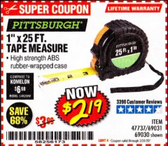 Harbor Freight Coupon 1" X 25 FT. TAPE MEASURE Lot No. 69080/69030/69031 Expired: 3/31/20 - $2.19