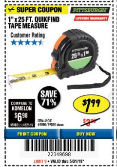 Harbor Freight Coupon 1" X 25 FT. TAPE MEASURE Lot No. 69080/69030/69031 Expired: 5/31/18 - $1.99