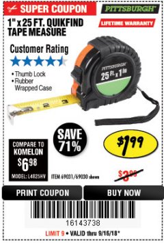 Harbor Freight Coupon 1" X 25 FT. TAPE MEASURE Lot No. 69080/69030/69031 Expired: 9/16/18 - $1.99