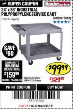Harbor Freight Coupon 24" X 36" TWO SHELF INDUSTRIAL POLYPROPYLENE SERVICE CART Lot No. 69444/62703/92862 Expired: 5/31/19 - $99.99