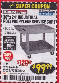 Harbor Freight Coupon 24" X 36" TWO SHELF INDUSTRIAL POLYPROPYLENE SERVICE CART Lot No. 69444/62703/92862 Expired: 8/31/19 - $99.99