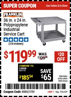 Harbor Freight Coupon 24" X 36" TWO SHELF INDUSTRIAL POLYPROPYLENE SERVICE CART Lot No. 69444/62703/92862 Expired: 7/31/22 - $119.99