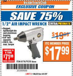 Harbor Freight ITC Coupon 1/2" AIR IMPACT WRENCH Lot No. 60382/61718/95310 Expired: 6/5/18 - $17.99