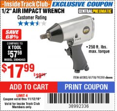 Harbor Freight ITC Coupon 1/2" AIR IMPACT WRENCH Lot No. 60382/61718/95310 Expired: 11/12/19 - $17.99