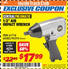 Harbor Freight ITC Coupon 1/2" AIR IMPACT WRENCH Lot No. 60382/61718/95310 Expired: 1/31/20 - $17.99