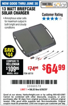 Harbor Freight Coupon 13 WATT BRIEFCASE SOLAR CHARGER Lot No. 68750 Expired: 6/30/20 - $64.99