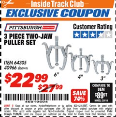 Harbor Freight ITC Coupon 3 PIECE TWO JAW PULLER SET Lot No. 40966 Expired: 11/30/18 - $22.99