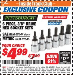 Harbor Freight ITC Coupon 6 PIECE 3/8" DRIVE HEX BIT SOCKET SETS Lot No. 69547/69546 Expired: 6/30/18 - $4.99