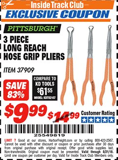Harbor Freight ITC Coupon 3 PIECE LONG REACH HOSE GRIP PLIERS Lot No. 37909 Expired: 8/31/18 - $9.99