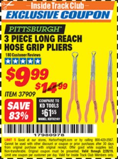 Harbor Freight ITC Coupon 3 PIECE LONG REACH HOSE GRIP PLIERS Lot No. 37909 Expired: 2/28/19 - $9.99