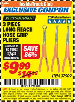Harbor Freight ITC Coupon 3 PIECE LONG REACH HOSE GRIP PLIERS Lot No. 37909 Expired: 8/31/19 - $9.99