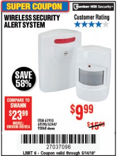 Harbor Freight Coupon WIRELESS SECURITY ALERT SYSTEM Lot No. 61910 / 62447 / 90368 Expired: 5/14/18 - $9.99