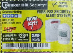 Harbor Freight Coupon WIRELESS SECURITY ALERT SYSTEM Lot No. 61910 / 62447 / 90368 Expired: 10/3/18 - $9.99