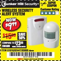 Harbor Freight Coupon WIRELESS SECURITY ALERT SYSTEM Lot No. 61910 / 62447 / 90368 Expired: 9/10/18 - $9.99
