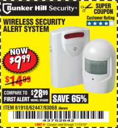 Harbor Freight Coupon WIRELESS SECURITY ALERT SYSTEM Lot No. 61910 / 62447 / 90368 Expired: 11/10/18 - $9.99