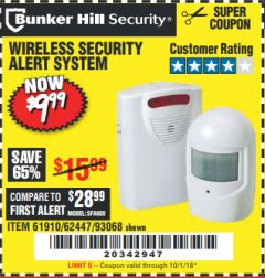 Harbor Freight Coupon WIRELESS SECURITY ALERT SYSTEM Lot No. 61910 / 62447 / 90368 Expired: 10/1/18 - $9.99
