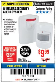 Harbor Freight Coupon WIRELESS SECURITY ALERT SYSTEM Lot No. 61910 / 62447 / 90368 Expired: 7/15/18 - $9.99