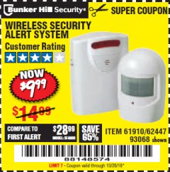 Harbor Freight Coupon WIRELESS SECURITY ALERT SYSTEM Lot No. 61910 / 62447 / 90368 Expired: 10/26/18 - $9.99