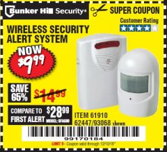 Harbor Freight Coupon WIRELESS SECURITY ALERT SYSTEM Lot No. 61910 / 62447 / 90368 Expired: 12/10/18 - $9.99