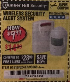 Harbor Freight Coupon WIRELESS SECURITY ALERT SYSTEM Lot No. 61910 / 62447 / 90368 Expired: 2/5/19 - $9.99