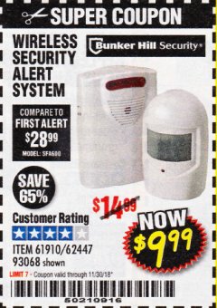 Harbor Freight Coupon WIRELESS SECURITY ALERT SYSTEM Lot No. 61910 / 62447 / 90368 Expired: 11/30/18 - $9.99