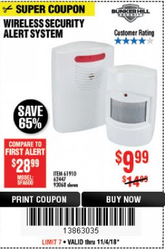 Harbor Freight Coupon WIRELESS SECURITY ALERT SYSTEM Lot No. 61910 / 62447 / 90368 Expired: 11/4/18 - $9.99