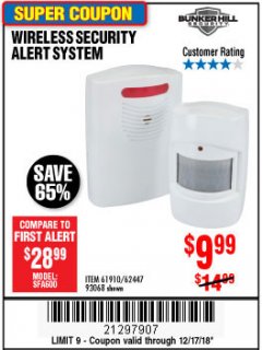 Harbor Freight Coupon WIRELESS SECURITY ALERT SYSTEM Lot No. 61910 / 62447 / 90368 Expired: 12/17/18 - $9.99