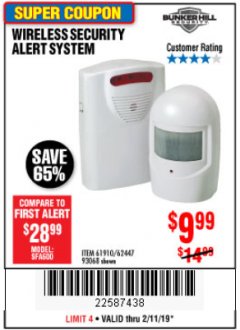 Harbor Freight Coupon WIRELESS SECURITY ALERT SYSTEM Lot No. 61910 / 62447 / 90368 Expired: 2/11/19 - $9.99