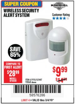 Harbor Freight Coupon WIRELESS SECURITY ALERT SYSTEM Lot No. 61910 / 62447 / 90368 Expired: 3/4/19 - $9.99
