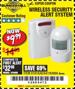 Harbor Freight Coupon WIRELESS SECURITY ALERT SYSTEM Lot No. 61910 / 62447 / 90368 Expired: 6/28/19 - $9.99